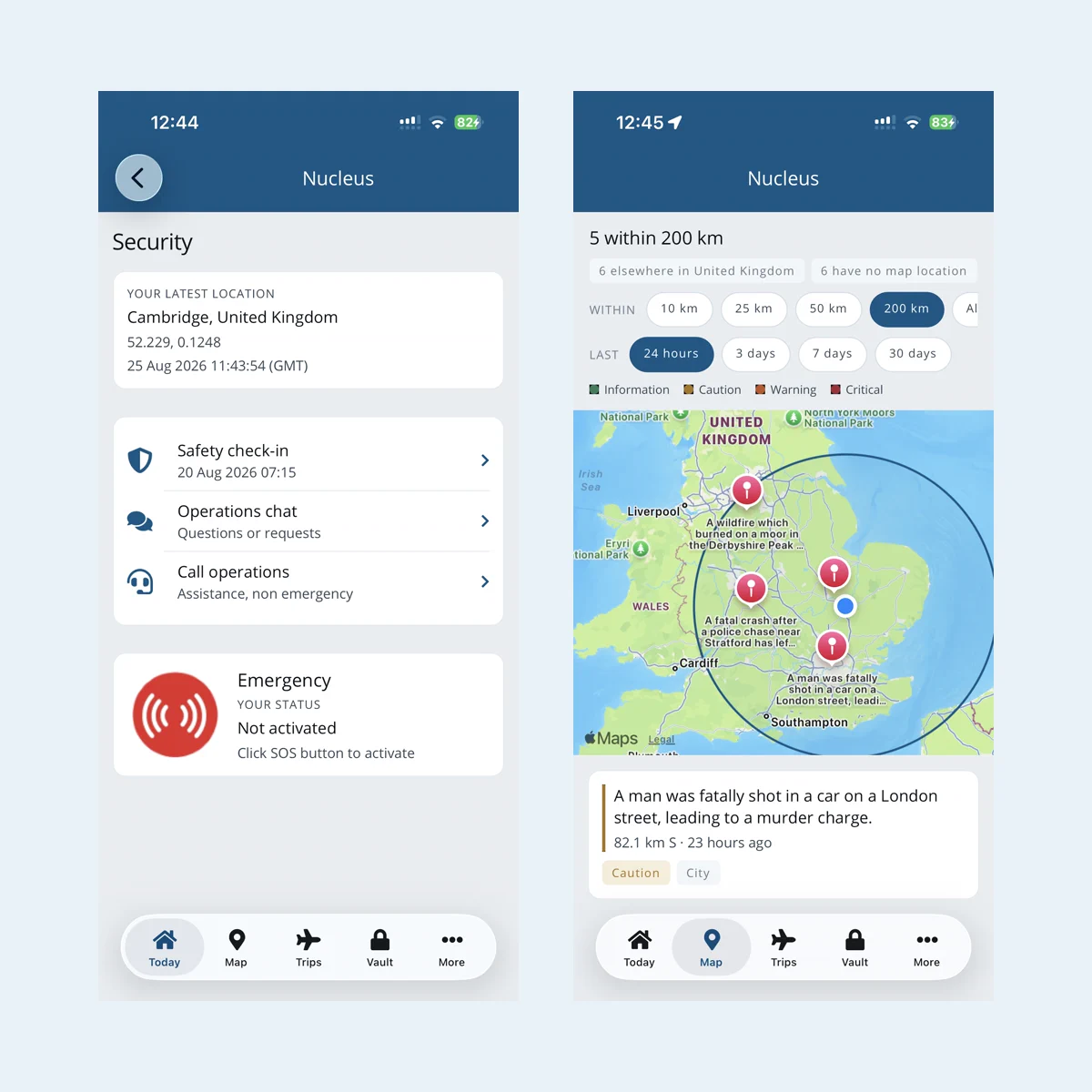 Latest GPS position and nearby risks in the Voyage Manager app
