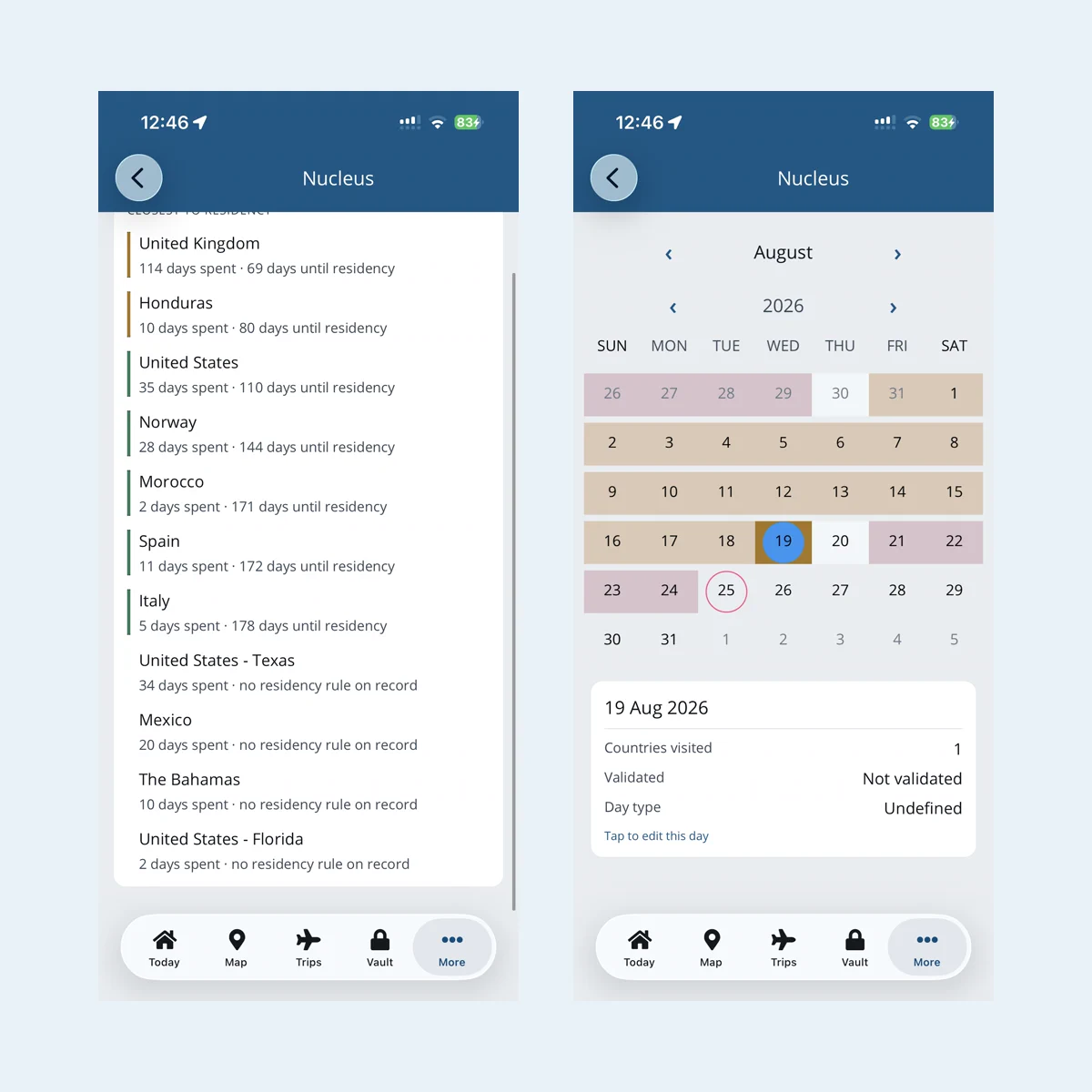 Tax residency and day-by-day tax calendar in the Voyage Manager app