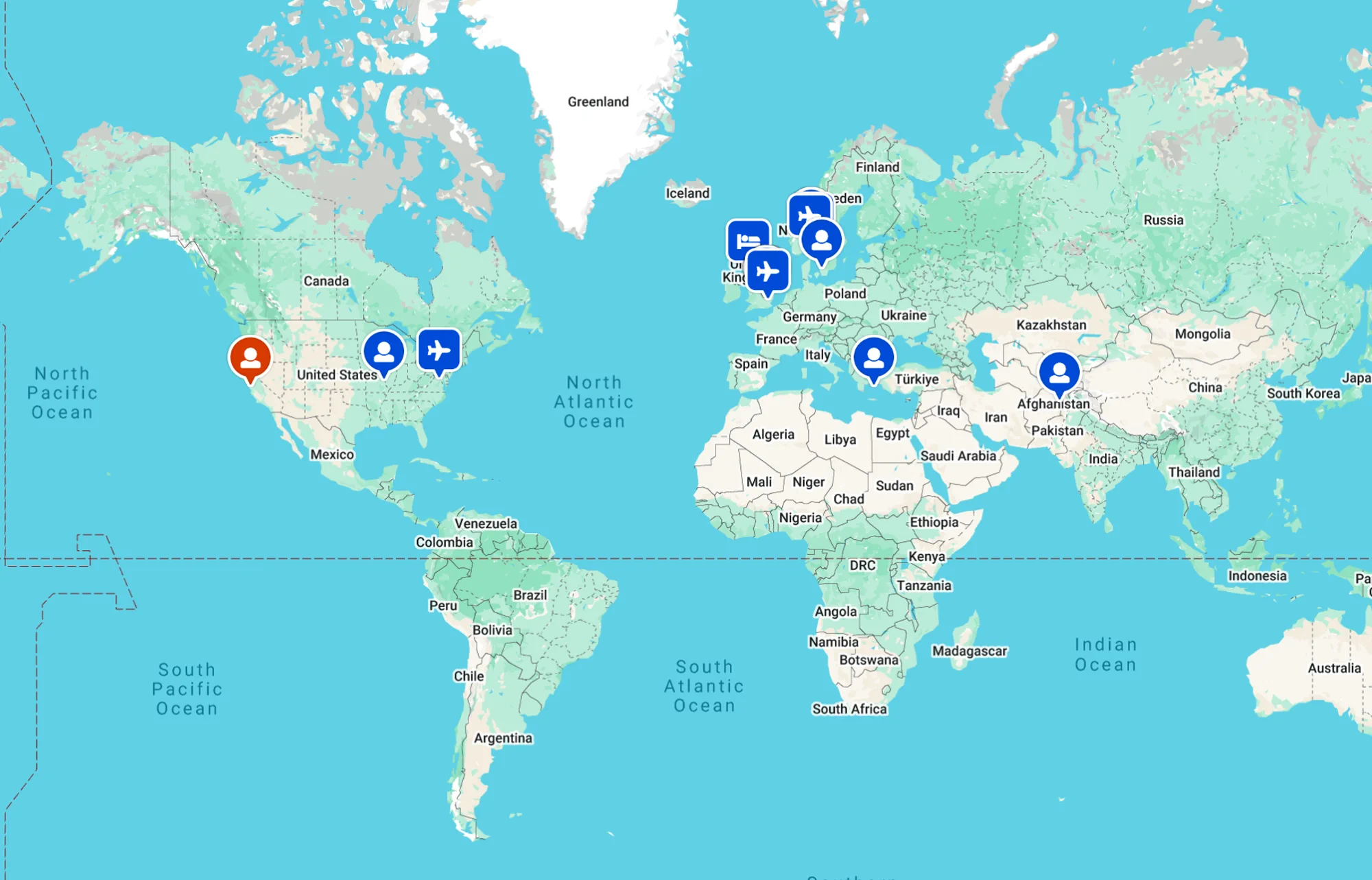Traveller positions on the map with no identities shown