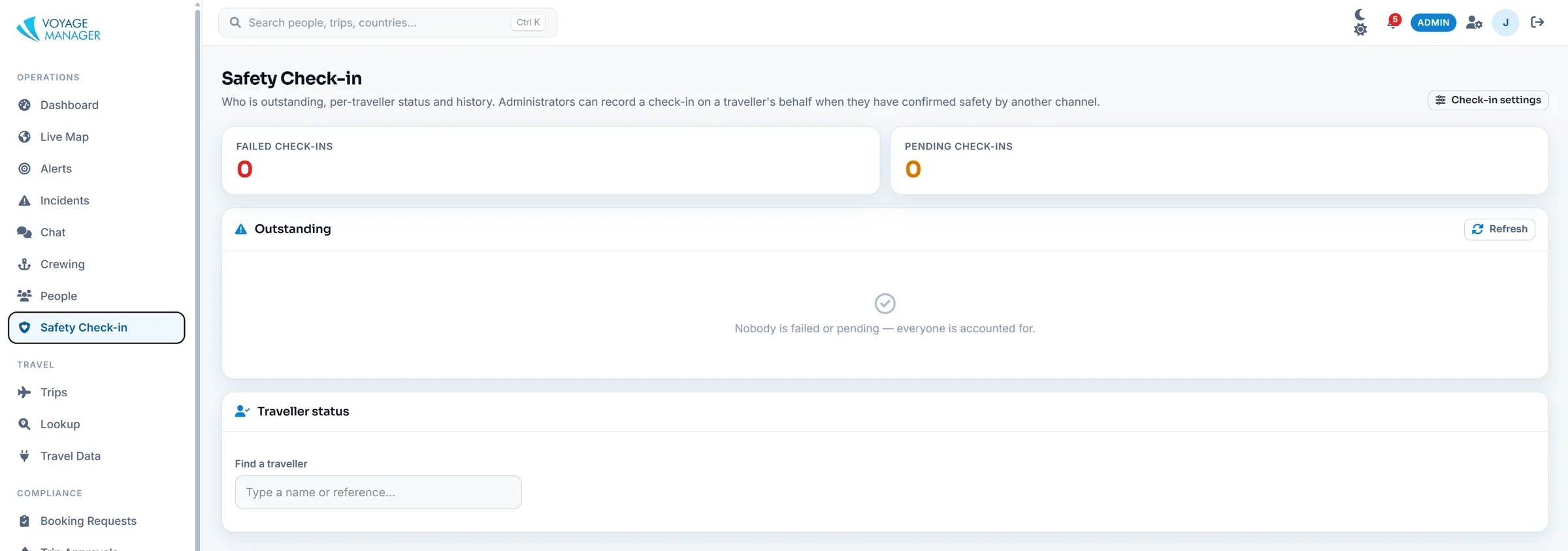 Safety check-in status across the organisation