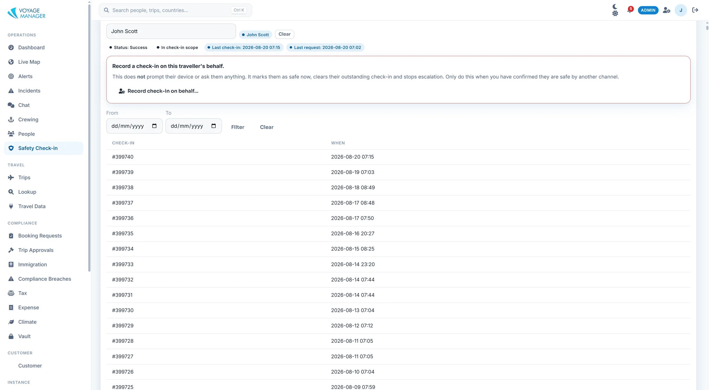 Per-traveller check-in history and status