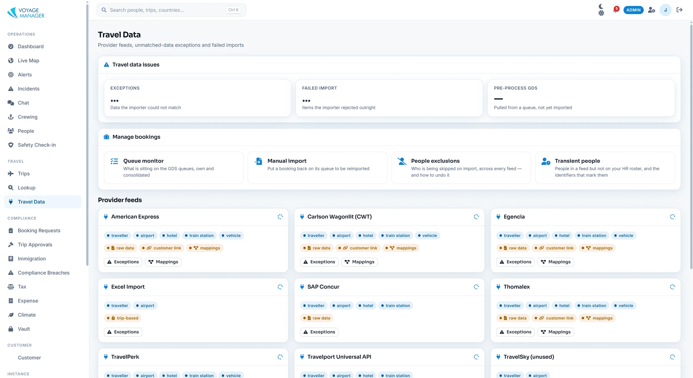 Provider feeds from Amex, CWT, Egencia, SAP Concur, TravelPerk and Travelport
