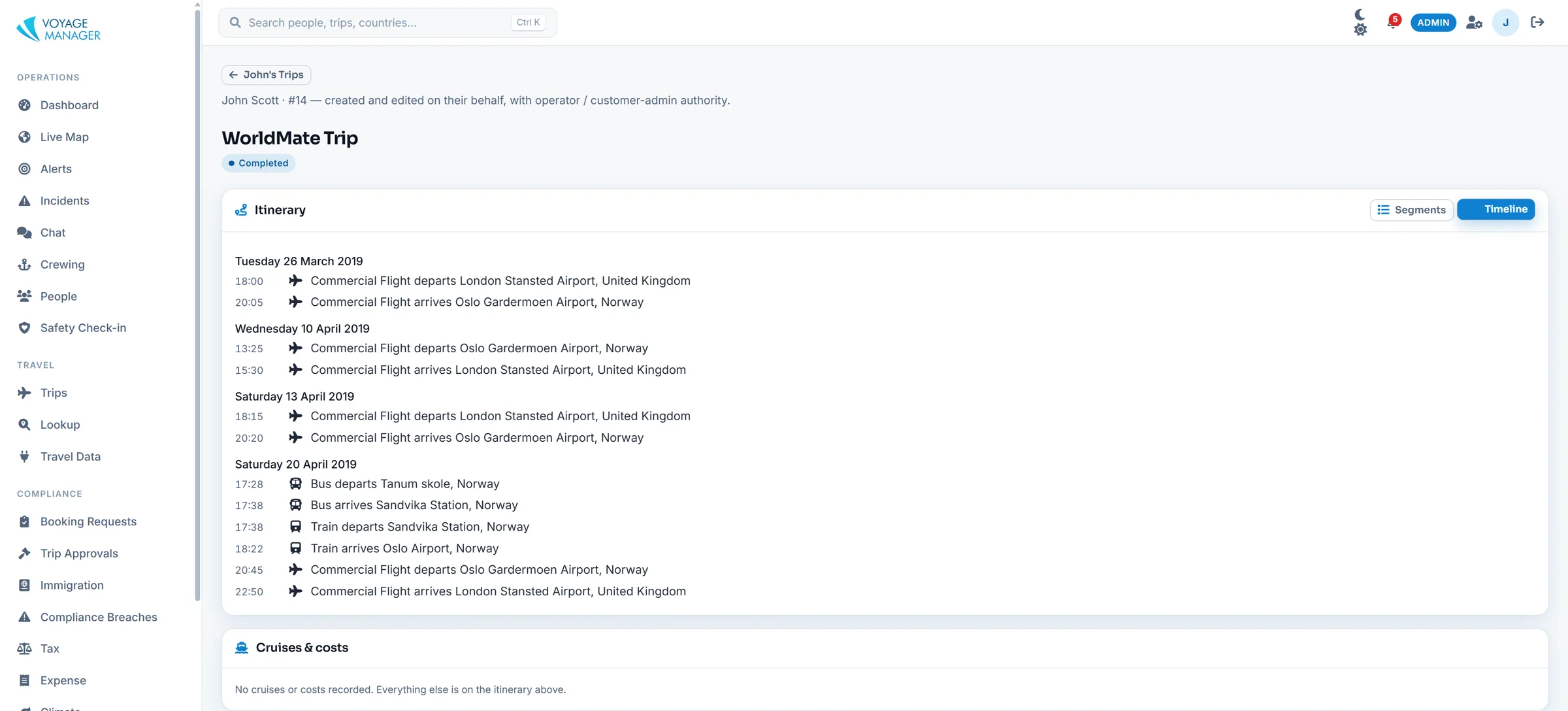Consolidated itinerary built from travel data